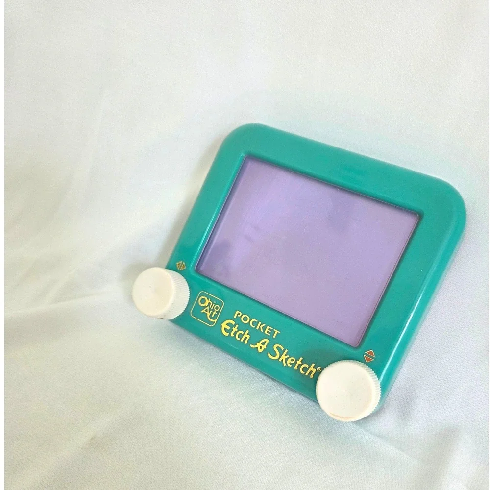 Vintage Pocket Etch A Sketch Teal Green Travel Drawing Toy Retro